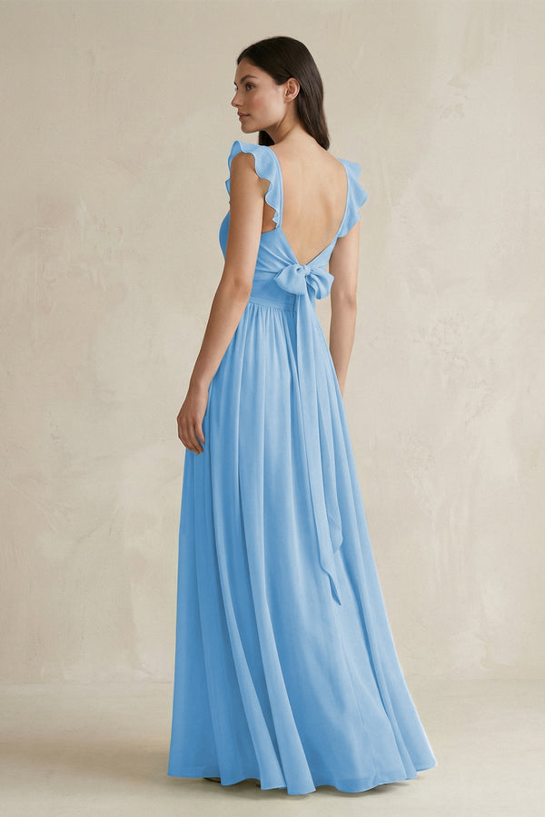 Ruffled Spaghetti Strap Chiffon A - Line Bridesmaid Dress in Steel Blue - KISS BRIDAL Bridesmaid Dresses
