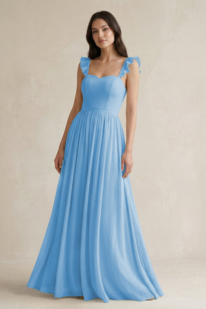 Ruffled Spaghetti Strap Chiffon A - Line Bridesmaid Dress in Steel Blue - KISS BRIDAL Bridesmaid Dresses