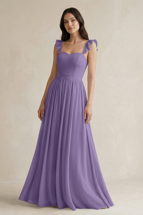 Ruffled Spaghetti Strap Chiffon A - Line Bridesmaid Dress in Tahiti - KISS BRIDAL Bridesmaid Dresses
