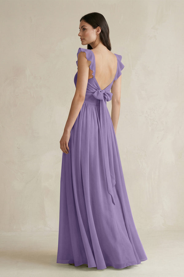Ruffled Spaghetti Strap Chiffon A - Line Bridesmaid Dress in Tahiti - KISS BRIDAL Bridesmaid Dresses