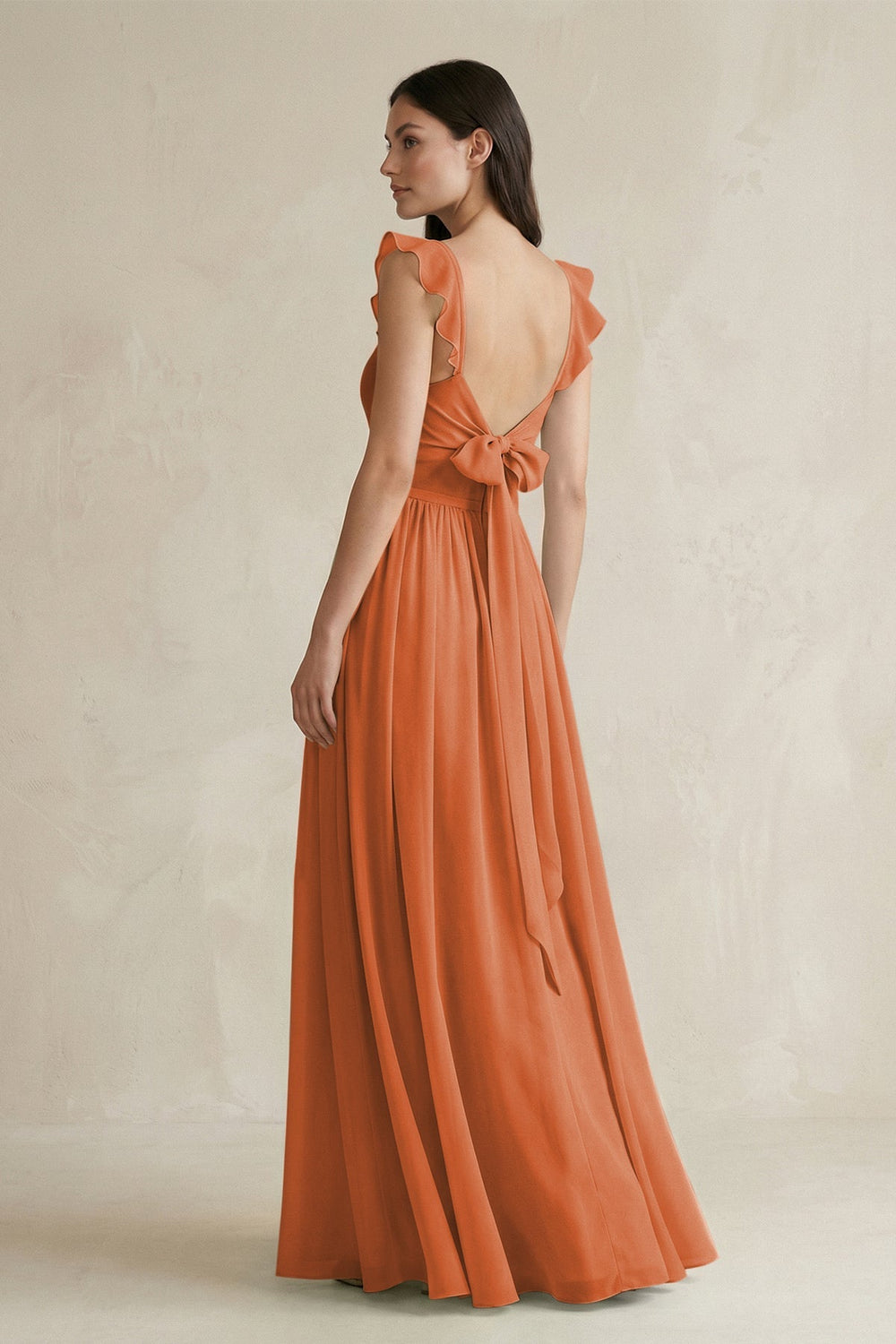 Ruffled Spaghetti Strap Chiffon A - Line Bridesmaid Dress in Terracotta - KISS BRIDAL Bridesmaid Dresses