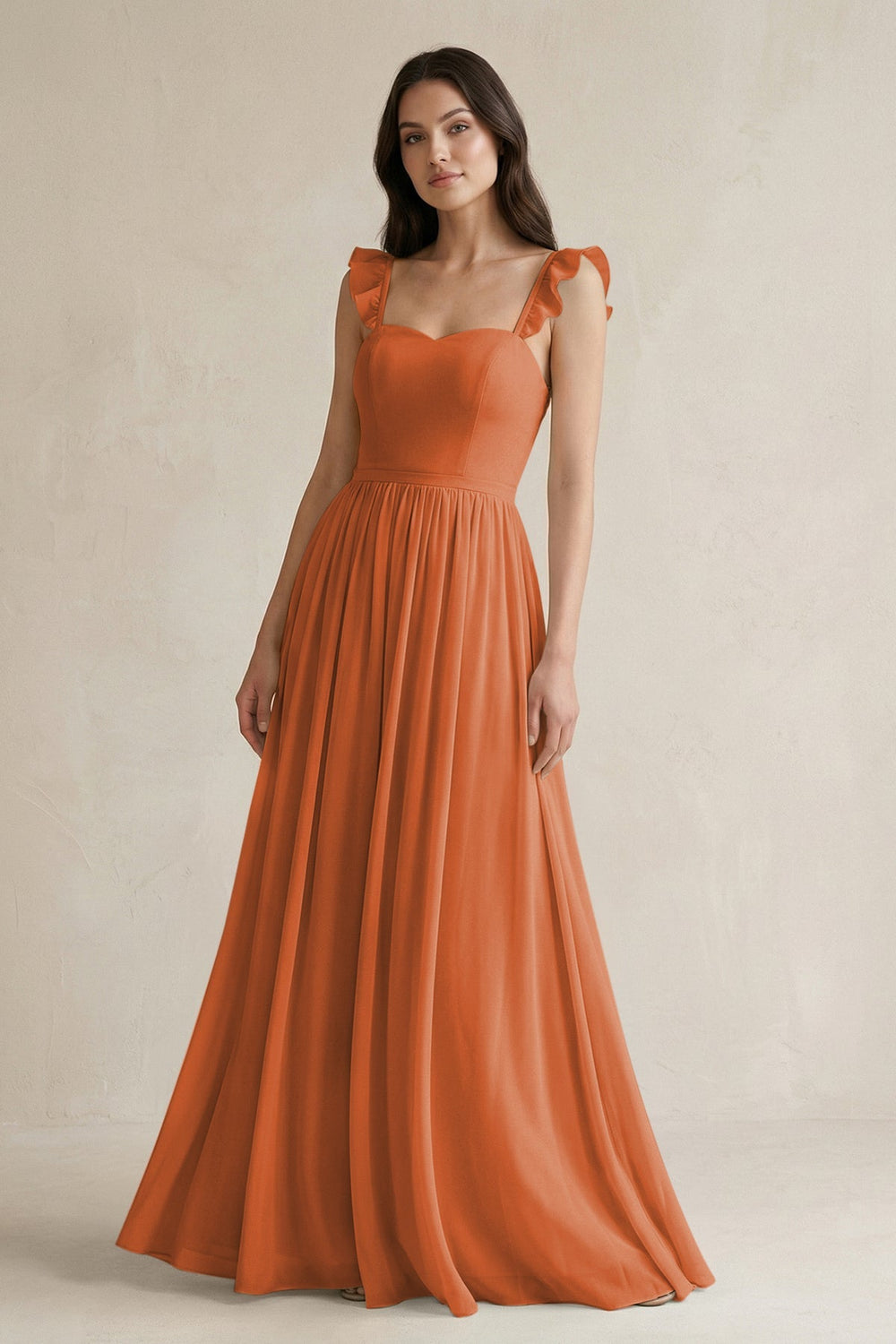 Ruffled Spaghetti Strap Chiffon A - Line Bridesmaid Dress in Terracotta - KISS BRIDAL Bridesmaid Dresses