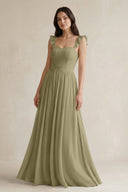 Ruffled Spaghetti Strap Chiffon A - Line Bridesmaid Dress in Thyme - SHE IS ME Bridesmaid Dresses