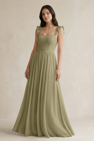 Ruffled Spaghetti Strap Chiffon A - Line Bridesmaid Dress in Thyme - SHE IS ME Bridesmaid Dresses