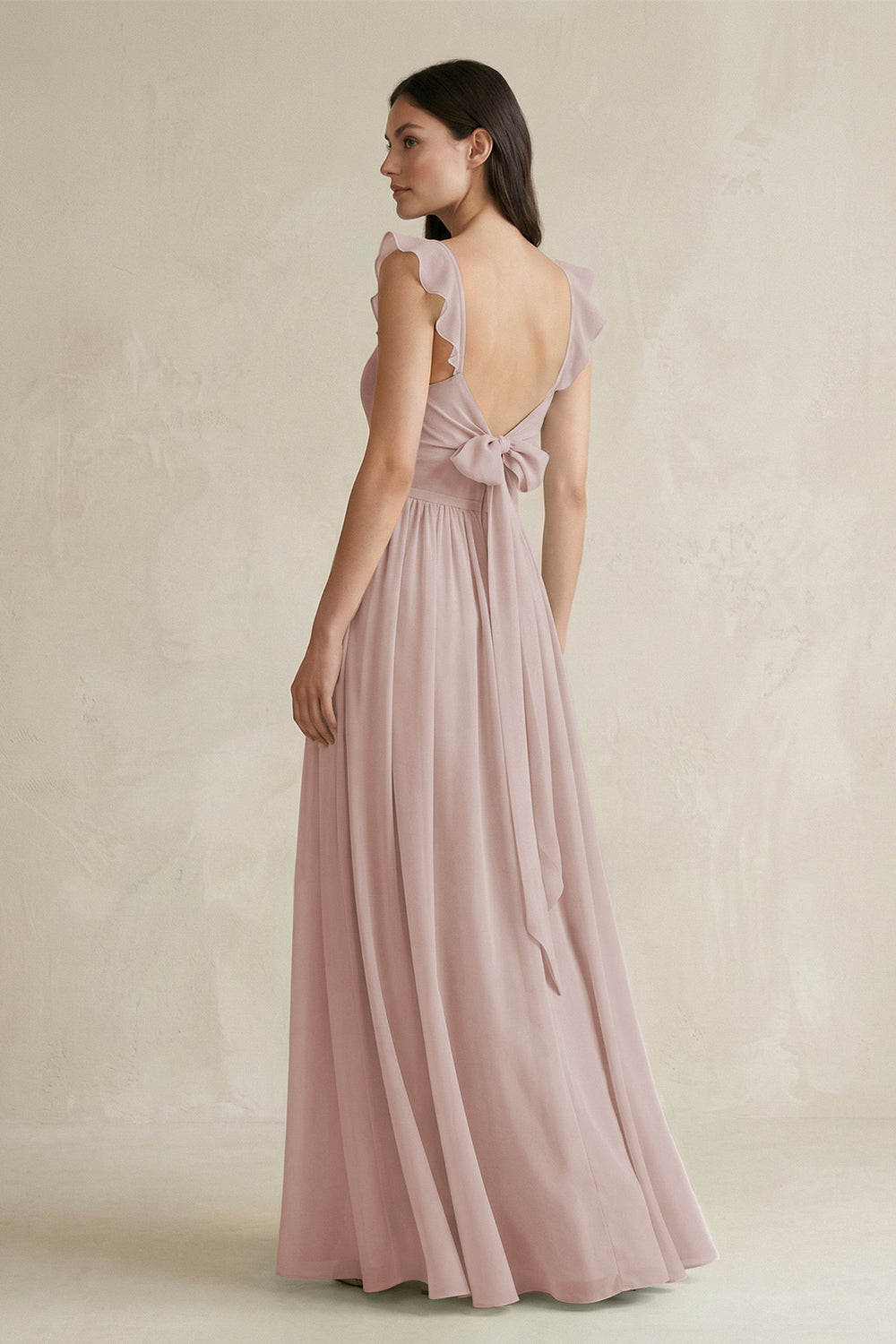 Ruffled Spaghetti Strap Chiffon A-Line Bridesmaid Dress in Toffee