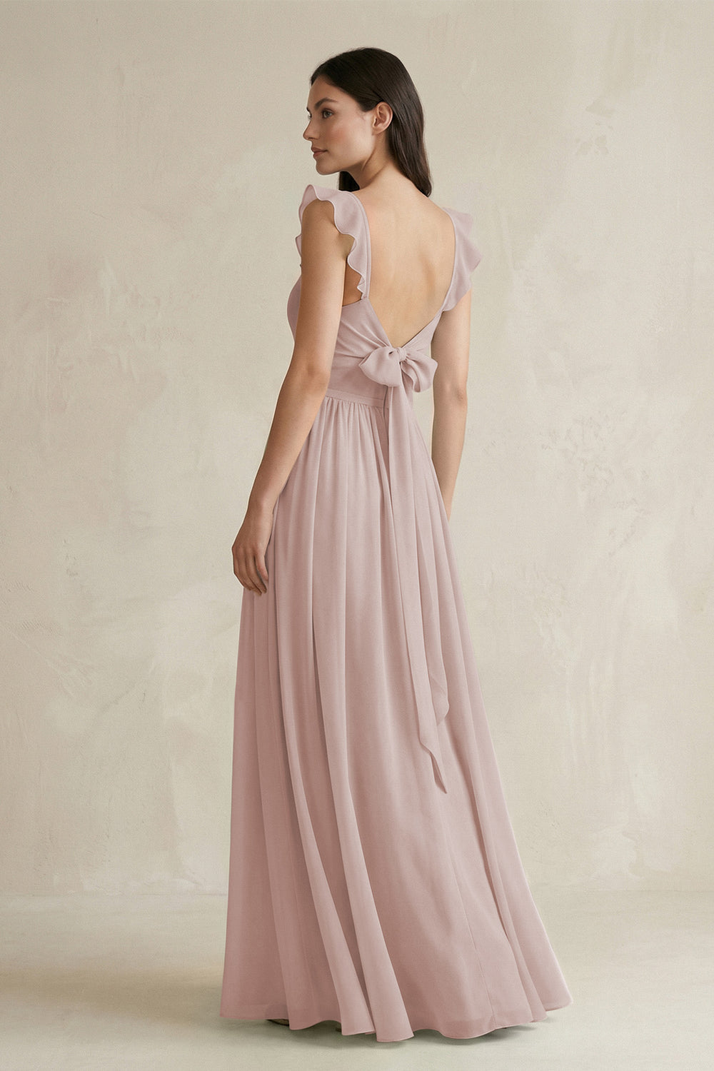 Ruffled Spaghetti Strap Chiffon A-Line Bridesmaid Dress in Toffee