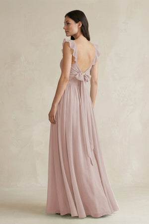 Ruffled Spaghetti Strap Chiffon A - Line Bridesmaid Dress in Toffee - KISS BRIDAL Bridesmaid Dresses