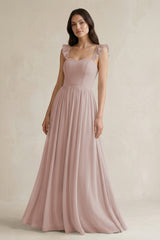 Ruffled Spaghetti Strap Chiffon A - Line Bridesmaid Dress in Toffee - KISS BRIDAL Bridesmaid Dresses