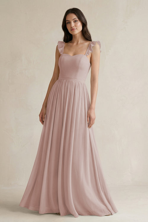 Ruffled Spaghetti Strap Chiffon A - Line Bridesmaid Dress in Toffee - KISS BRIDAL Bridesmaid Dresses
