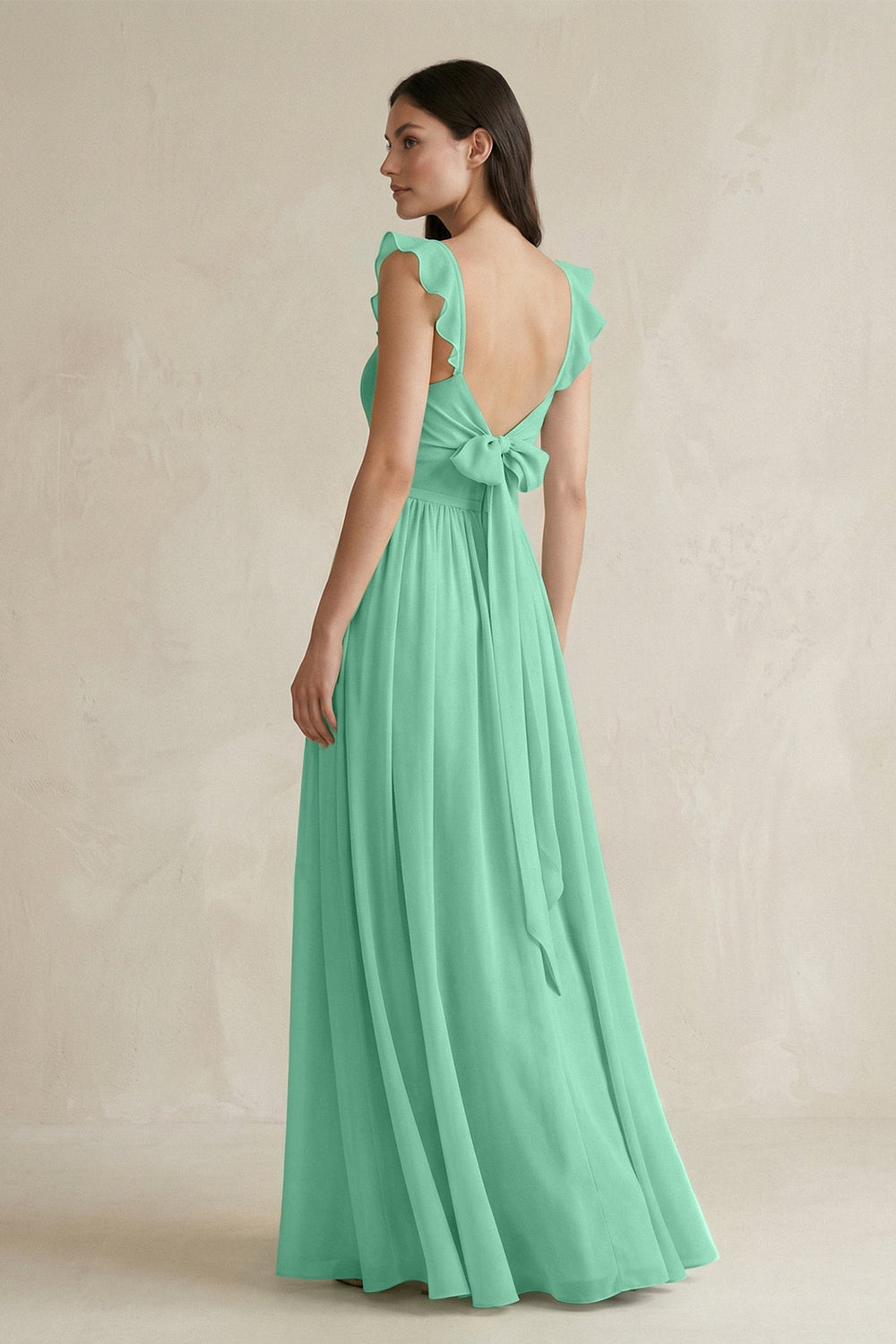Ruffled Spaghetti Strap Chiffon A - Line Bridesmaid Dress in Turquoise - SHE IS ME Bridesmaid Dresses