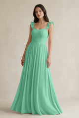Ruffled Spaghetti Strap Chiffon A - Line Bridesmaid Dress in Turquoise - KISS BRIDAL Bridesmaid Dresses