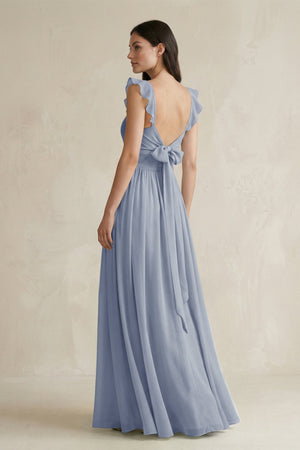 Ruffled Spaghetti Strap Chiffon A - Line Bridesmaid Dress in Twilight - KISS BRIDAL Bridesmaid Dresses