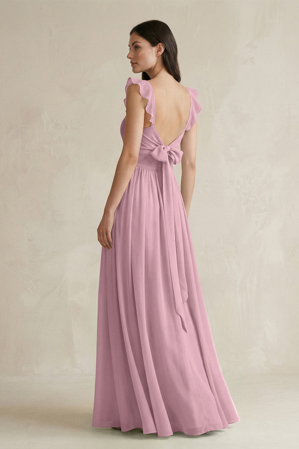 Ruffled Spaghetti Strap Chiffon A - Line Bridesmaid Dress in Vintage Mauve - KISS BRIDAL Bridesmaid Dresses