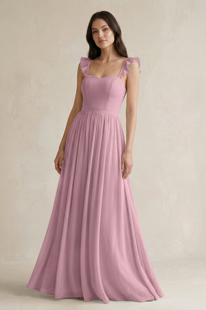 Ruffled Spaghetti Strap Chiffon A - Line Bridesmaid Dress in Vintage Mauve - KISS BRIDAL Bridesmaid Dresses