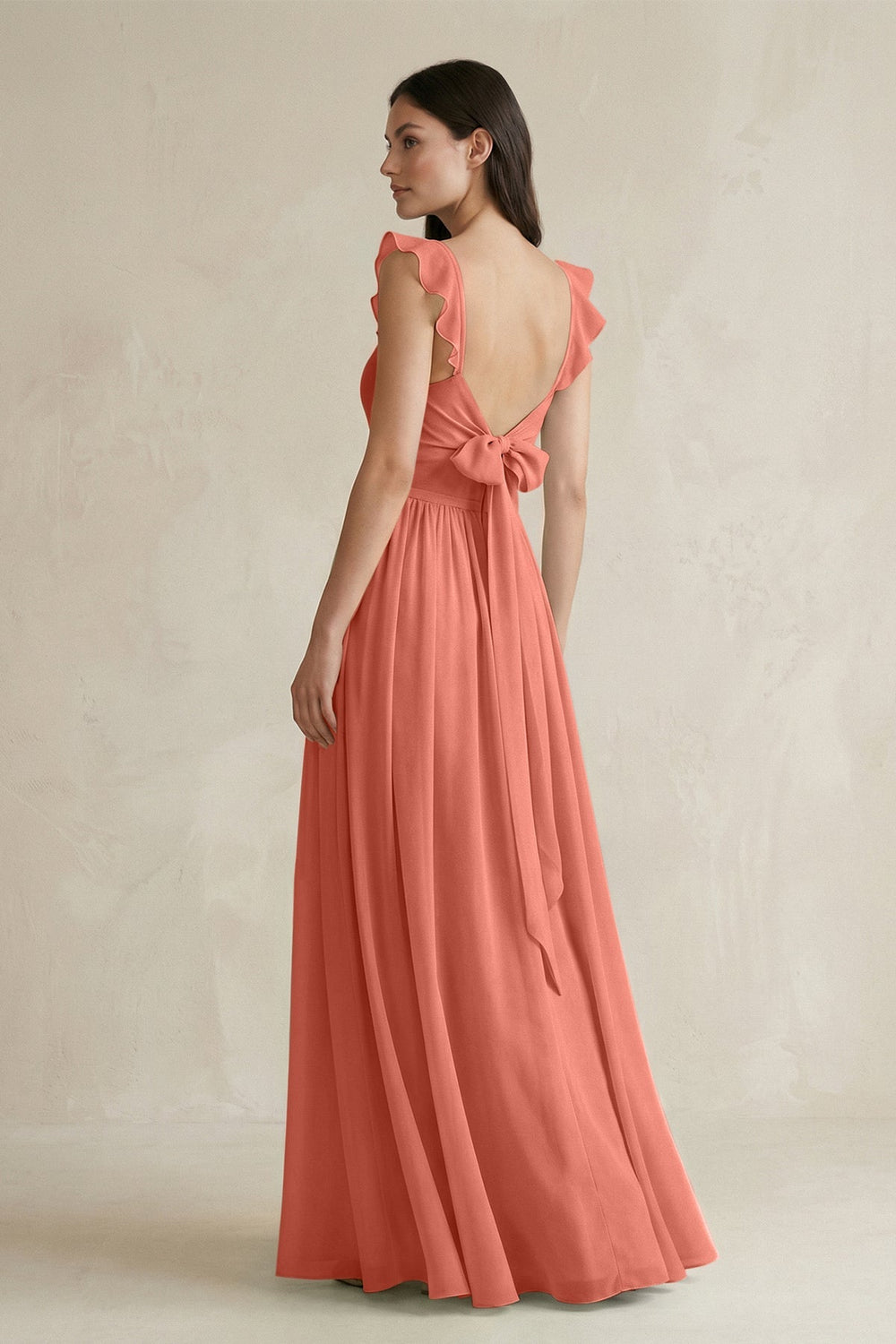 Ruffled Spaghetti Strap Chiffon A - Line Bridesmaid Dress in Wild Rose - KISS BRIDAL Bridesmaid Dresses