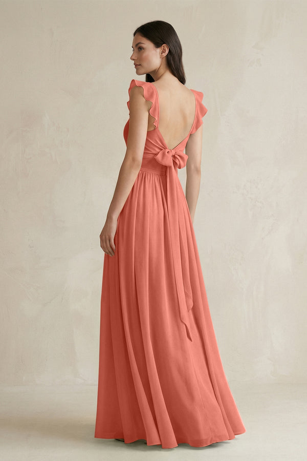 Ruffled Spaghetti Strap Chiffon A - Line Bridesmaid Dress in Wild Rose - KISS BRIDAL Bridesmaid Dresses
