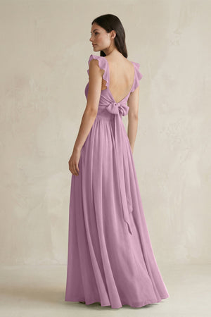 Ruffled Spaghetti Strap Chiffon A - Line Bridesmaid Dress in Wisteria - KISS BRIDAL Bridesmaid Dresses