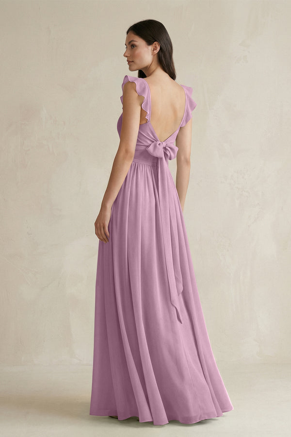 Ruffled Spaghetti Strap Chiffon A - Line Bridesmaid Dress in Wisteria - KISS BRIDAL Bridesmaid Dresses
