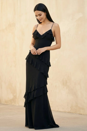 Ruffled Spaghetti Straps Gown in Black - SHE IS ME