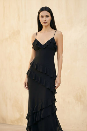 Ruffled Spaghetti Straps Gown in Black - SHE IS ME