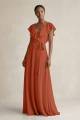 A-Line V-Neck Ruffled Sleeve Chiffon Bridesmaid Dress in Spice - KISS BRIDAL BRIDESMAID DRESSES