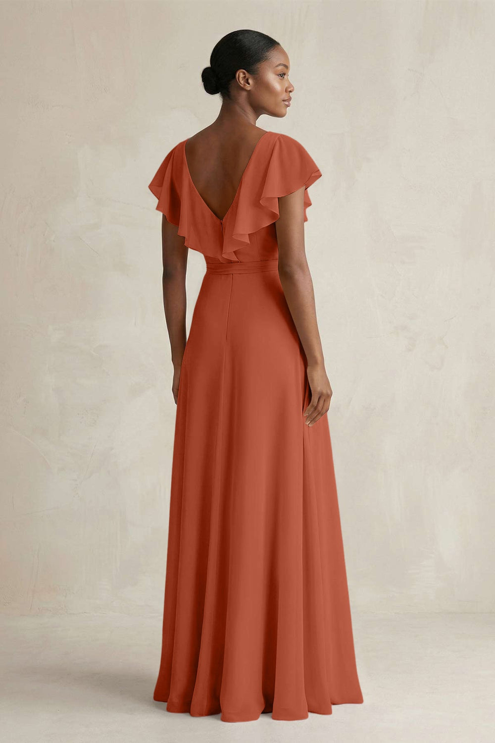 A-Line V-Neck Ruffled Sleeve Chiffon Bridesmaid Dress in Spice - KISS BRIDAL BRIDESMAID DRESSES