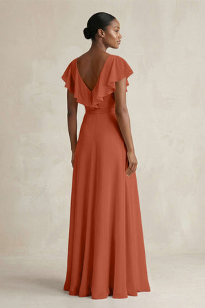 A-Line V-Neck Ruffled Sleeve Chiffon Bridesmaid Dress in Spice - SHE IS ME BRIDESMAID DRESSES