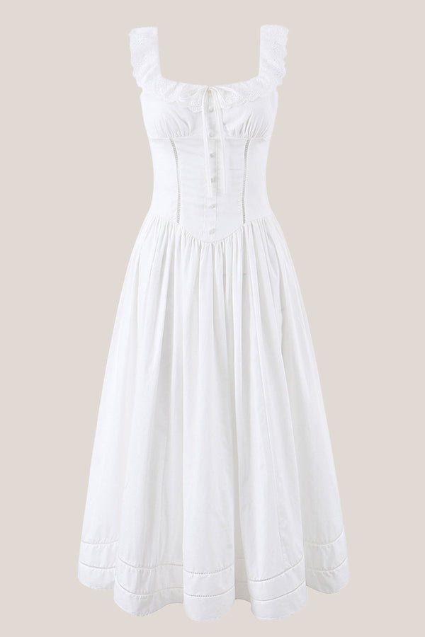 Ruffled Square Neck A-Line Cotton Midi Dress in White– SHE IS ME Dresses