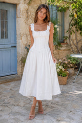 Ruffled Square Neck A-Line Cotton Midi Dress in White– KISS BRIDAL Dresses