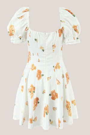 Ruffled Square Neck Warm Rose Print Cotton Mini Dress in White - SHE IS ME Dresses