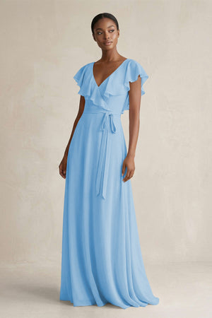 A-Line V-Neck Ruffled Sleeve Chiffon Bridesmaid Dress in Steel Blue - SHE IS ME BRIDESMAID DRESSES