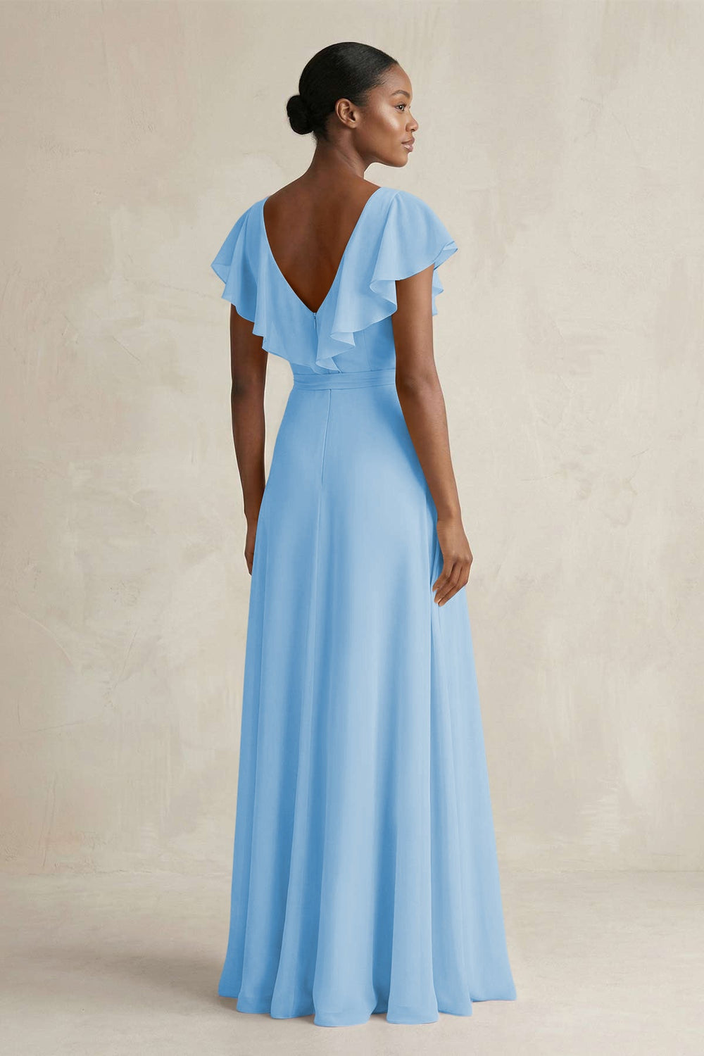 A-Line V-Neck Ruffled Sleeve Chiffon Bridesmaid Dress in Steel Blue - KISS BRIDAL BRIDESMAID DRESSES