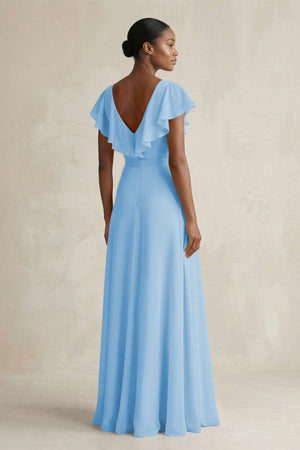 A-Line V-Neck Ruffled Sleeve Chiffon Bridesmaid Dress in Steel Blue - SHE IS ME BRIDESMAID DRESSES