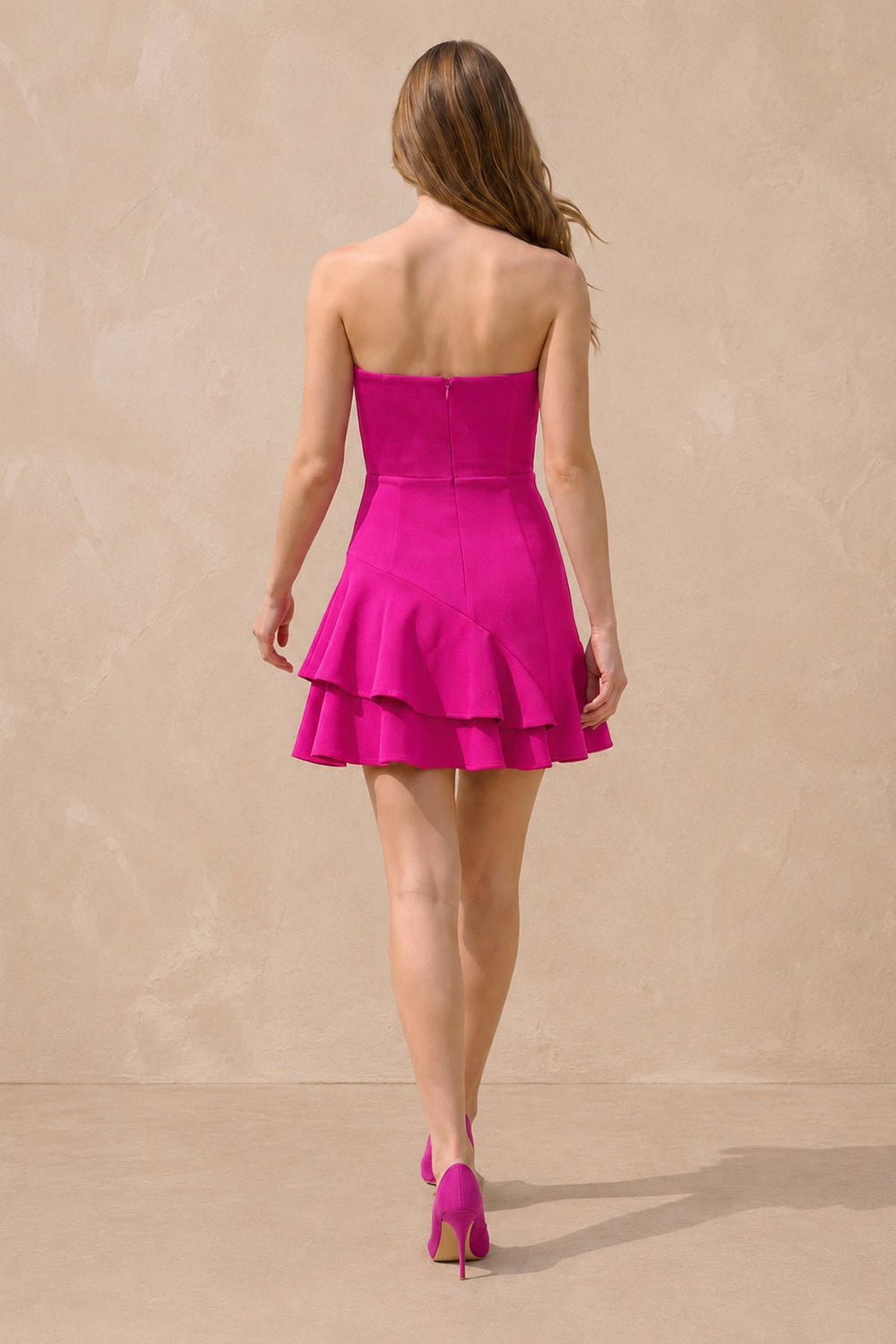 Ruffled Strapless A-Line Mini Dress in Fuchsia – KISS BRIDAL Dresses