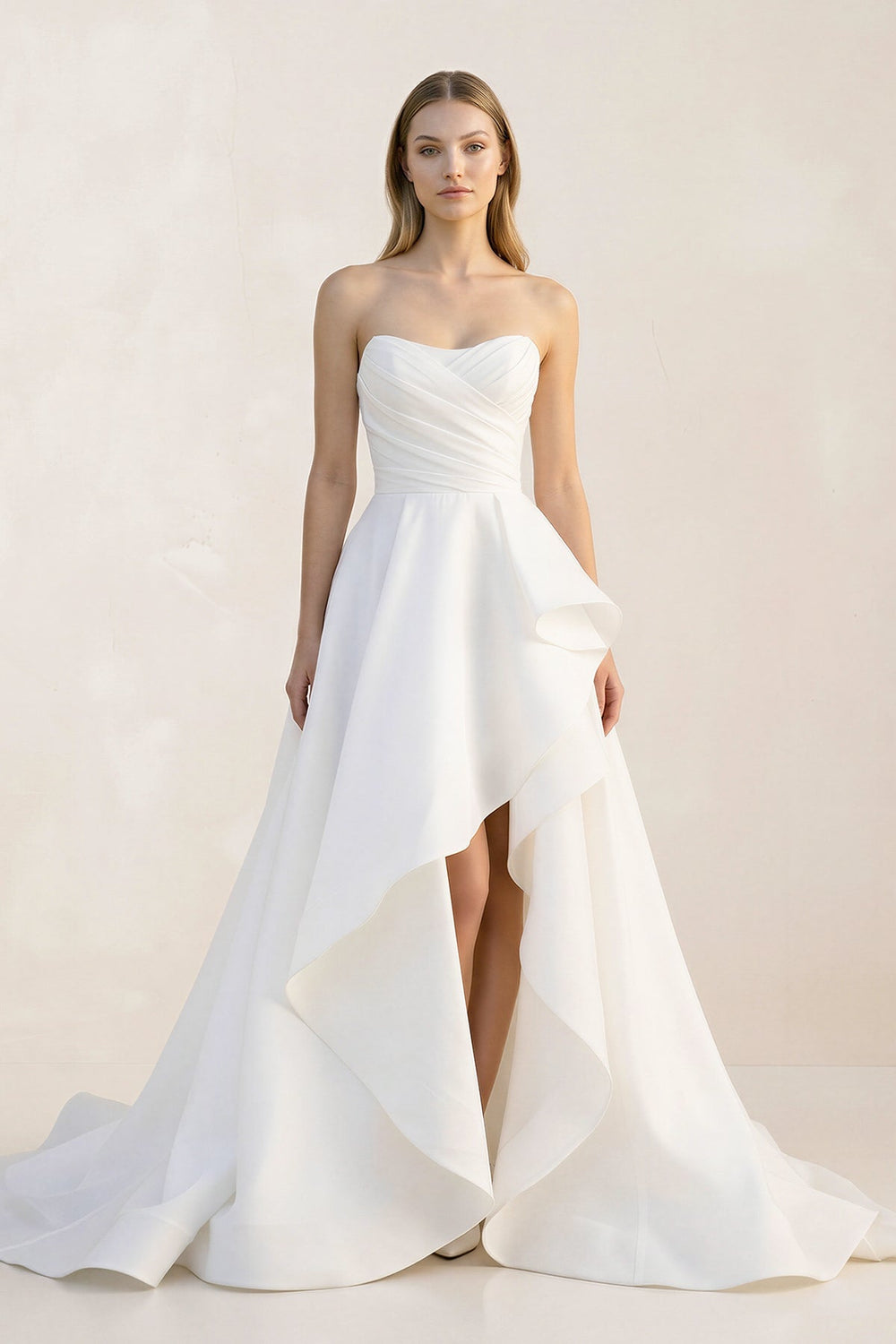 Ruffled Strapless A - Line Ruched Wedding Dress With Slit in White - KISS BRIDAL Wedding Dresses