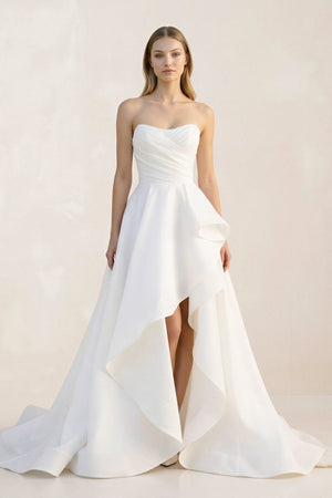 Ruffled Strapless A - Line Ruched Wedding Dress With Slit in White - SHE IS ME Wedding Dresses