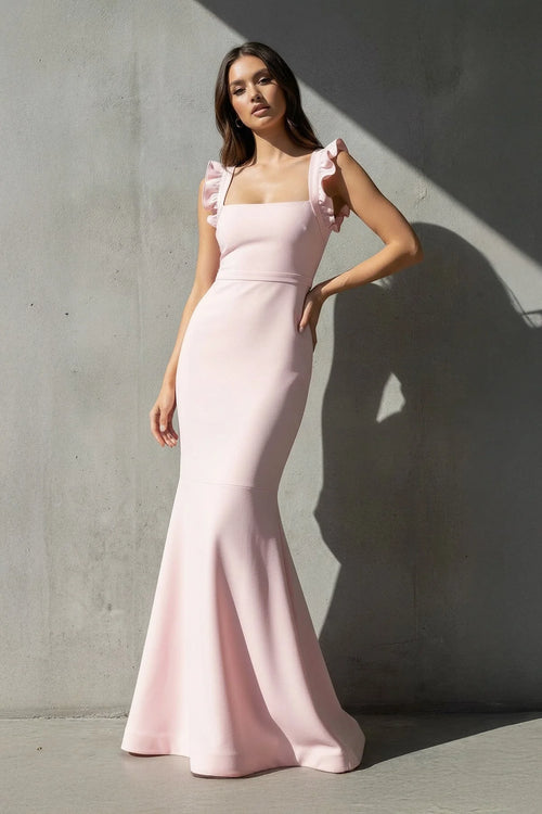 Ruffled Straps Mermaid Gown in Pink - KISS BRIDAL