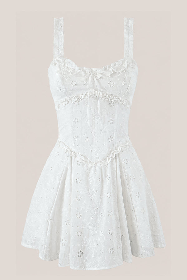 Ruffled Sweetheart A - Line Cotton Mini Dress in White - SHE IS ME Dresses