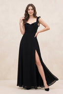 Ruffled Sweetheart Chiffon A - Line Maxi Dress with Slit in Black - SHE IS ME Dresses