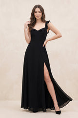 Ruffled Sweetheart Chiffon A - Line Maxi Dress with Slit in Black - KISS BRIDAL
