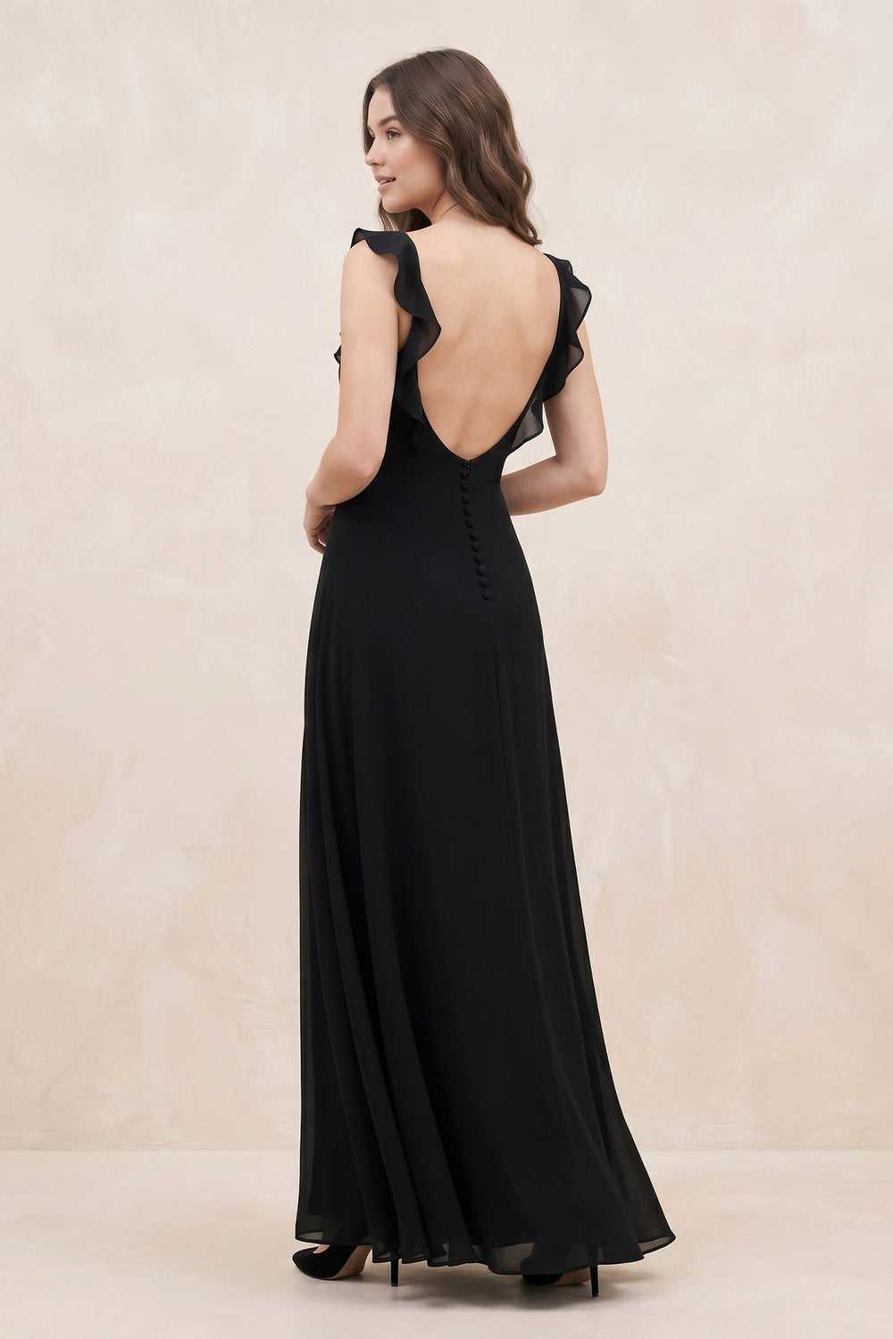 Ruffled Sweetheart Chiffon A - Line Maxi Dress with Slit in Black - KISS BRIDAL Dresses