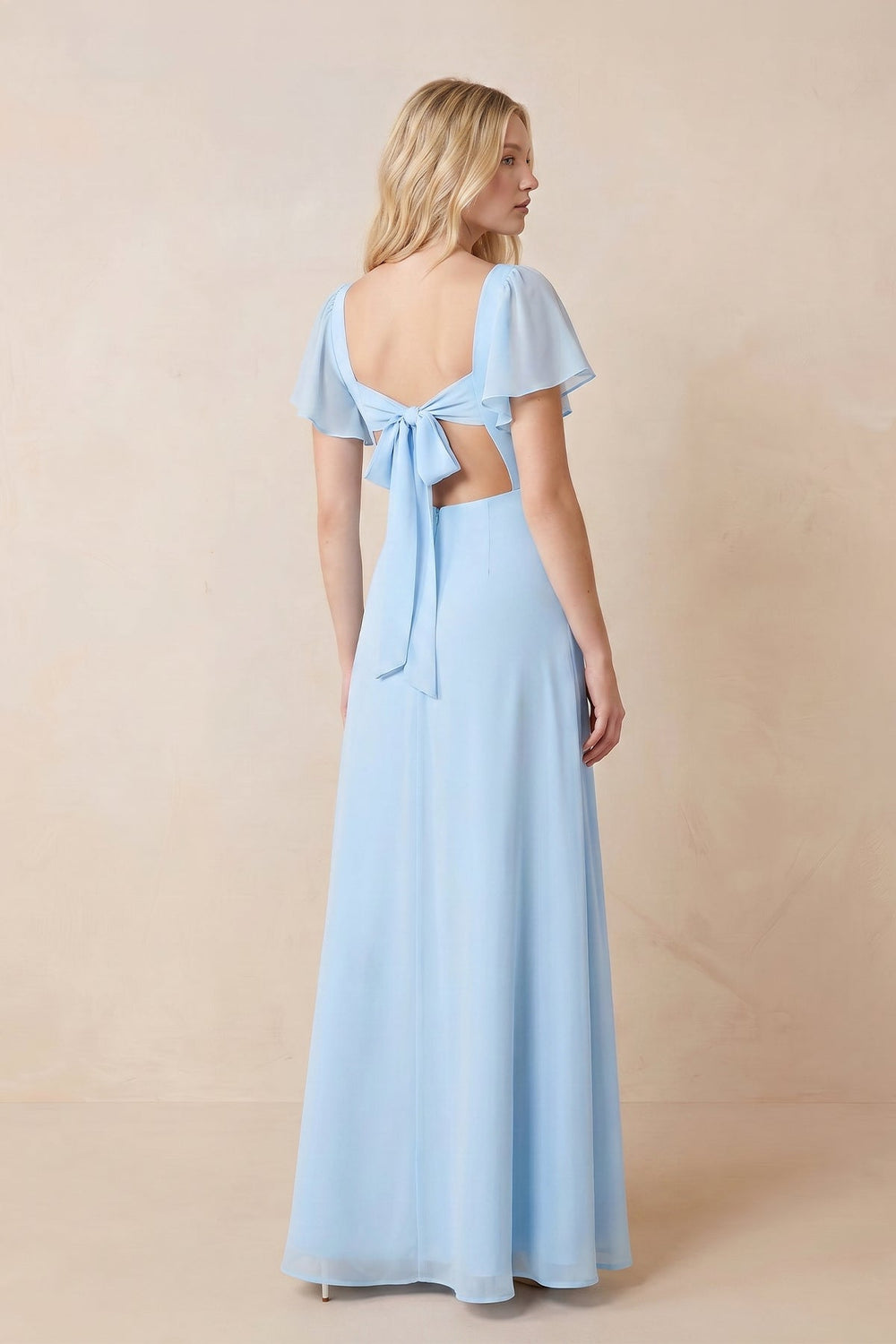 Ruffled Sweetheart Keyhole Chiffon Maxi Dress with Slit in Sky Blue – KISS BRIDAL Dresses