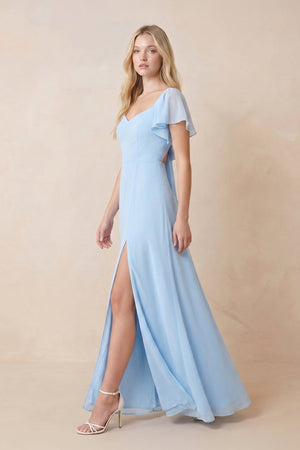 Ruffled Sweetheart Keyhole Chiffon Maxi Dress with Slit in Sky Blue – SHE IS ME Dresses