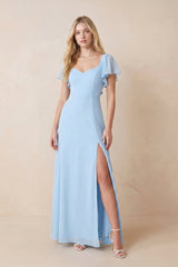 Ruffled Sweetheart Keyhole Chiffon Maxi Dress with Slit in Sky Blue – KISS BRIDAL Dresses