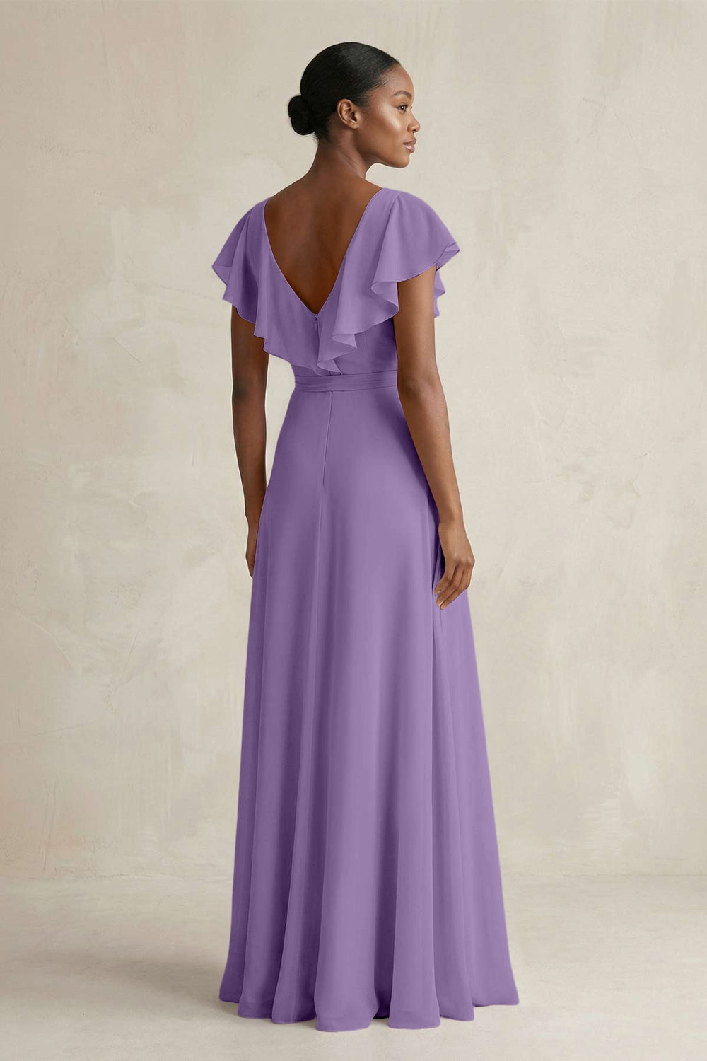 A-Line V-Neck Ruffled Sleeve Chiffon Bridesmaid Dress in Tahiti - KISS BRIDAL BRIDESMAID DRESSES