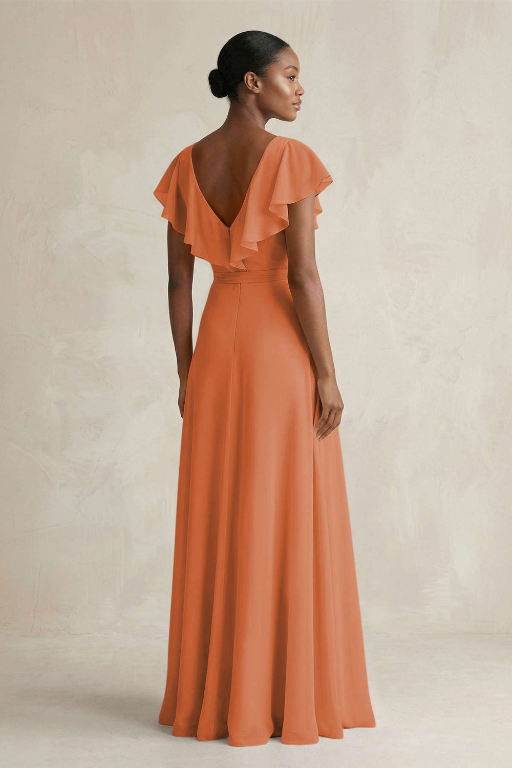 A-Line V-Neck Ruffled Sleeve Chiffon Bridesmaid Dress in Terracotta - KISS BRIDAL BRIDESMAID DRESSES