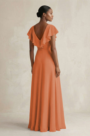 A-Line V-Neck Ruffled Sleeve Chiffon Bridesmaid Dress in Terracotta - SHE IS ME BRIDESMAID DRESSES