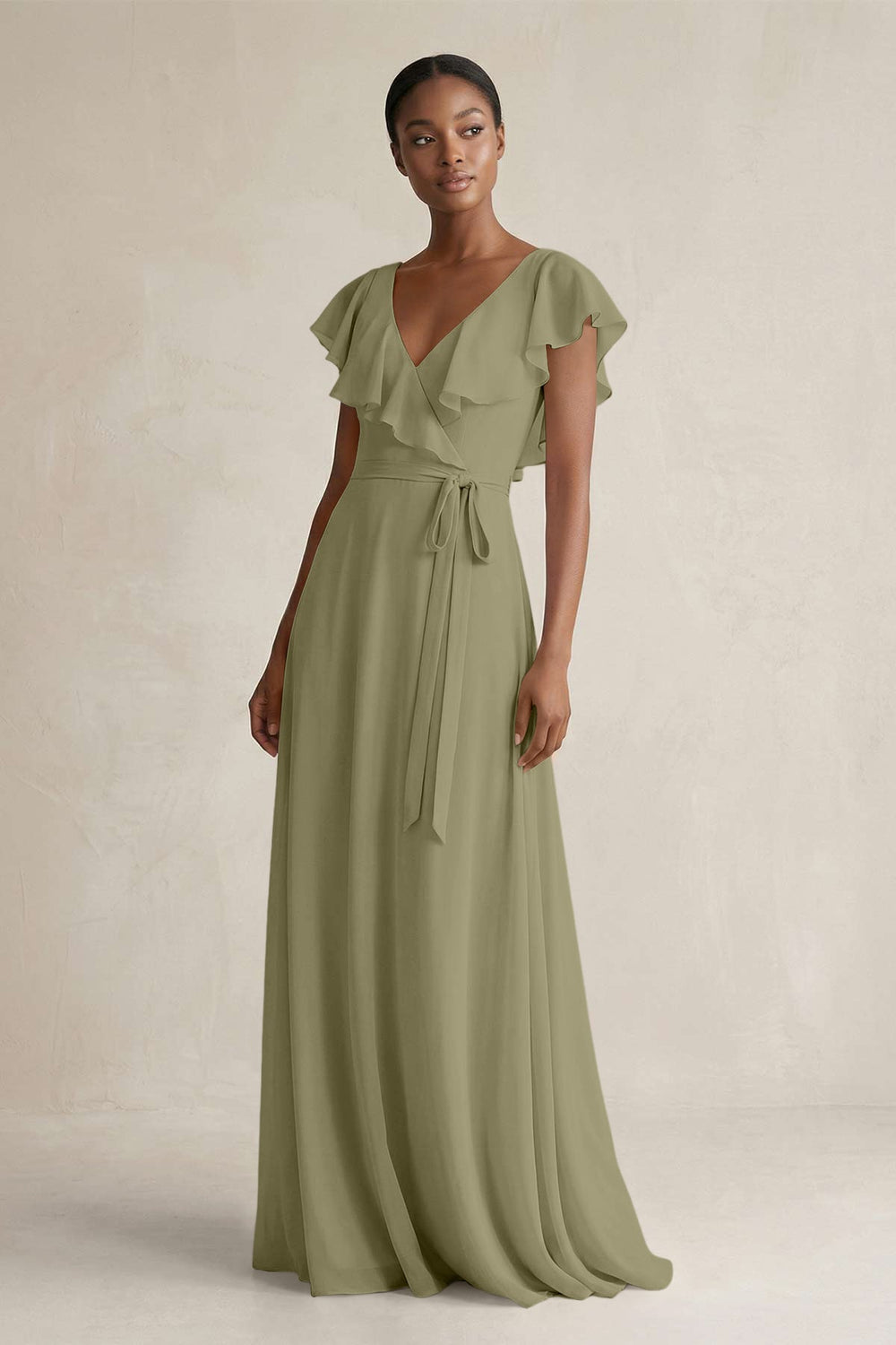 A-Line V-Neck Ruffled Sleeve Chiffon Bridesmaid Dress in Thyme - KISS BRIDAL BRIDESMAID DRESSES