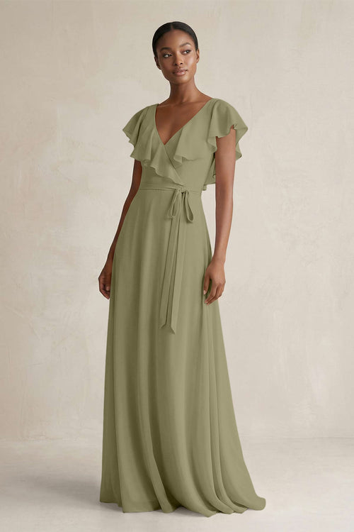 A-Line V-Neck Ruffled Sleeve Chiffon Bridesmaid Dress in Thyme - SHE IS ME BRIDESMAID DRESSES