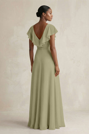 A-Line V-Neck Ruffled Sleeve Chiffon Bridesmaid Dress in Thyme - SHE IS ME BRIDESMAID DRESSES